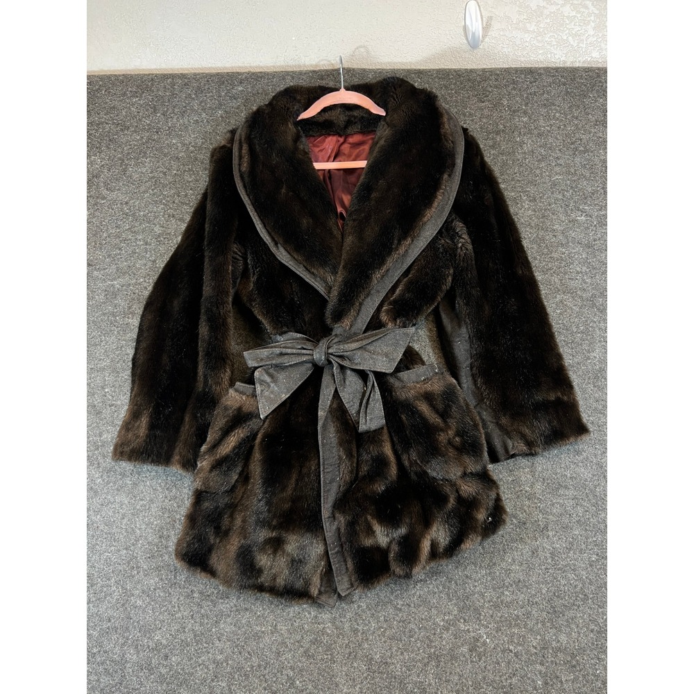 Vintage Juli de Roma Tissavel France Faux Fur Coat Brown Wrap Belted Women Large